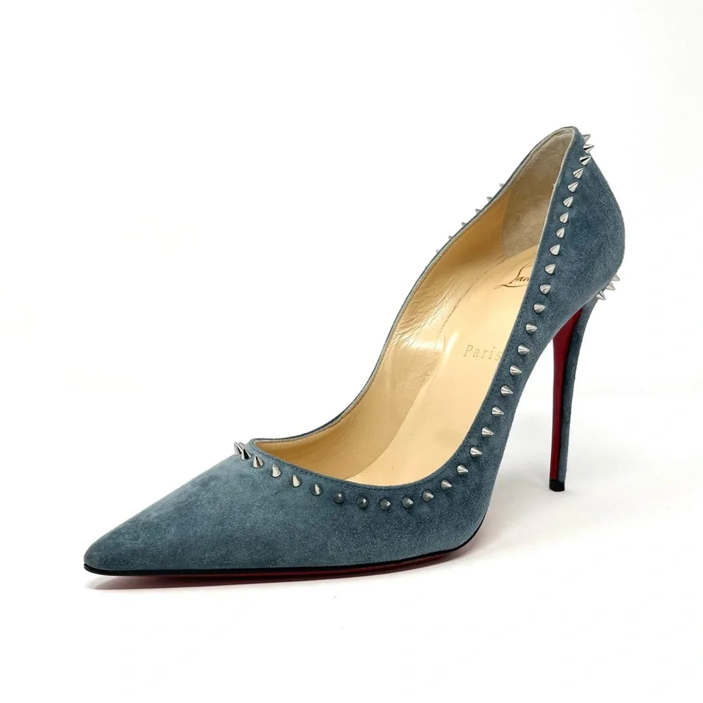 Christian Louboutin Blue Suede Anjalina Spike Studded High Heels Pumps 39.5 9.5